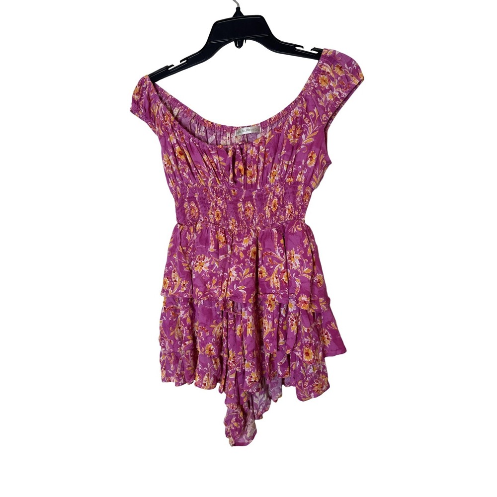 Were All Pretty Girls Romper Womens Large‎ Pink Floral Off Shoulder Ruffle Boho